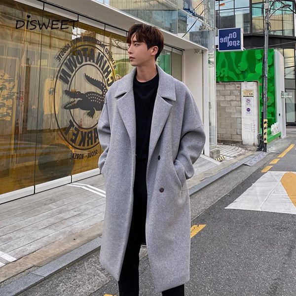 

men's solid lapel woolen coat korean long sleeve loose long warm woolen coat men's simple slim single breasted boy 20201, Black