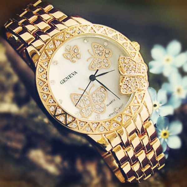 

diamond men's geneva alloy watch butterfly quartz watch men's and women's fashion watch, Slivery;brown