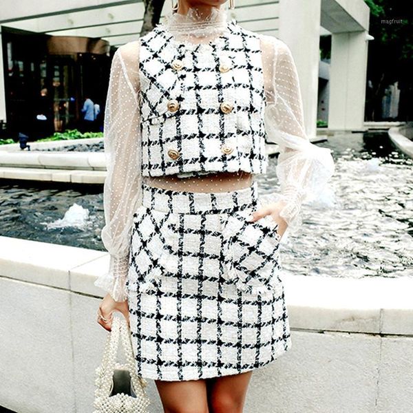 

3 pcs new fashion tweed plaid sleeveless vest suit and simple blouses skirt work style skirt suit clothing set trend cc3351, Gray