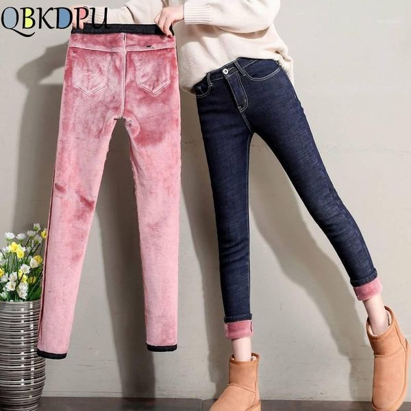 

plus velvet high waist jeans women pants slim elastic warm vintage jean femme denim pencil pants 2020 thick skinny jeans winter1, Blue