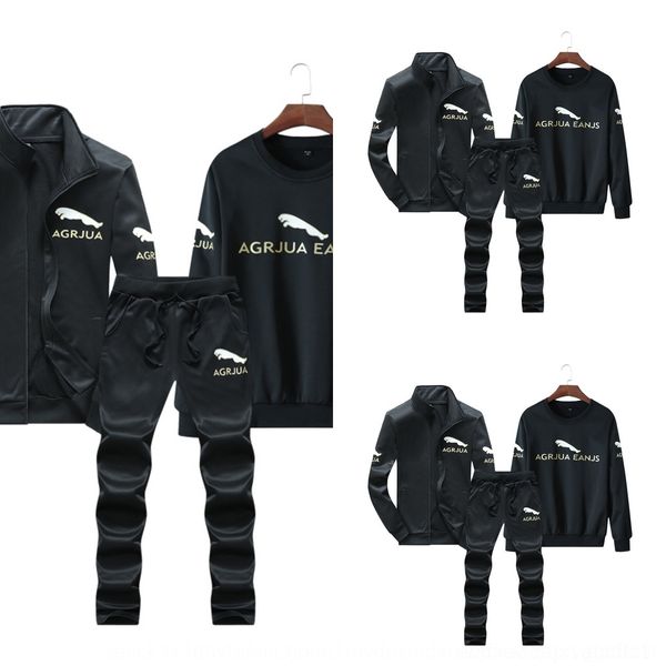 

qxl1n autumn new sleeve sweater sports men's jaguar printed three-piece long suit sweater wool wool youth fleece set a8bso, Black