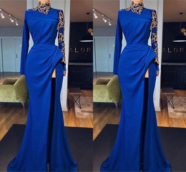 

2021 royal blue prom dresses long sleeves high collar gold applique formal evening gowns high side split long party dress robes de soirée, Black;red