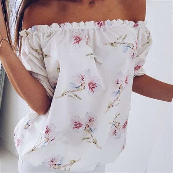 

women flower print long sleeve off shoulder loose shirt casual blouse, White