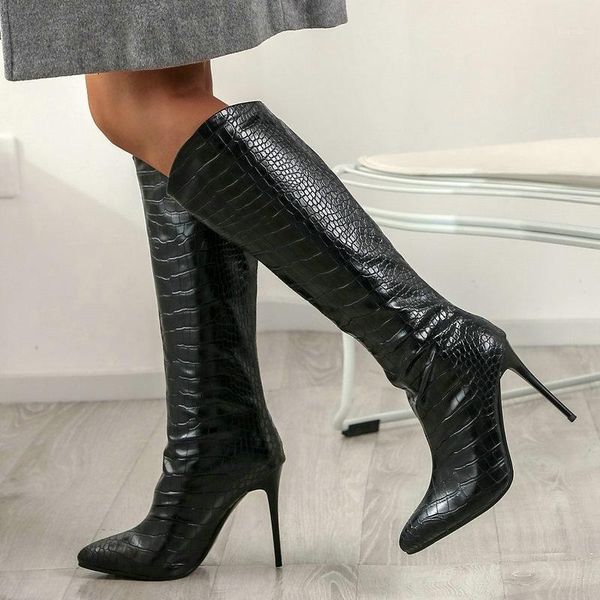 

boots embossing faux leather knee high for women fashion thin heel long autumn winter western1, Black
