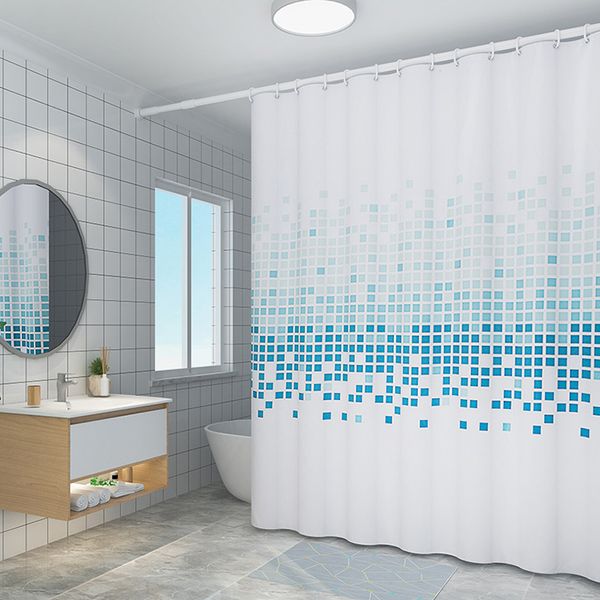 

blue mosaic polyester curtain waterproof bath curtains for bathroom bathtub eco-friendly bathing cover large wide 12pcs hooks