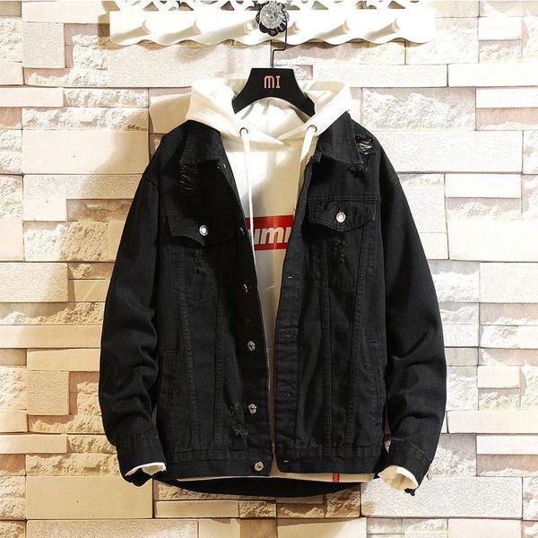 

men's jackets autumn denim jacket men fashion hole hip hop pilot bomber man streetwear solid color casual slim coat male clothes1, Black;brown