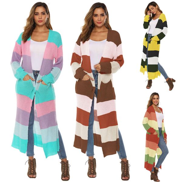 

mixed color stitching contrast stripe split pocket long woven coat thickened sweater 190775, White;black