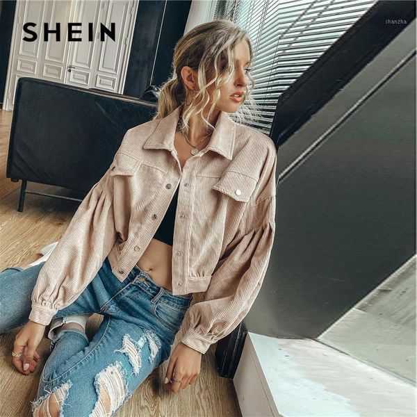 

shein solid corduroy button through jacket women autumn bishop sleeve drop shoulder solid casual outwear crop jackets1, Black;brown
