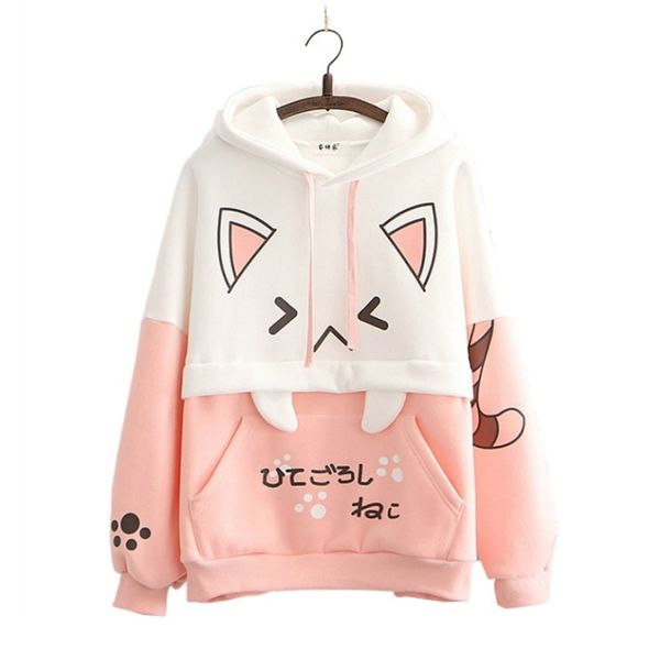 Harajuku Rosa Hoodies Cartoon Katze Gedruckt Mit Kapuze Süße Sweatshirt Frauen Winter Dicke Warme Weibliche Nette Kawaii Tops Trainingsanzug 220314