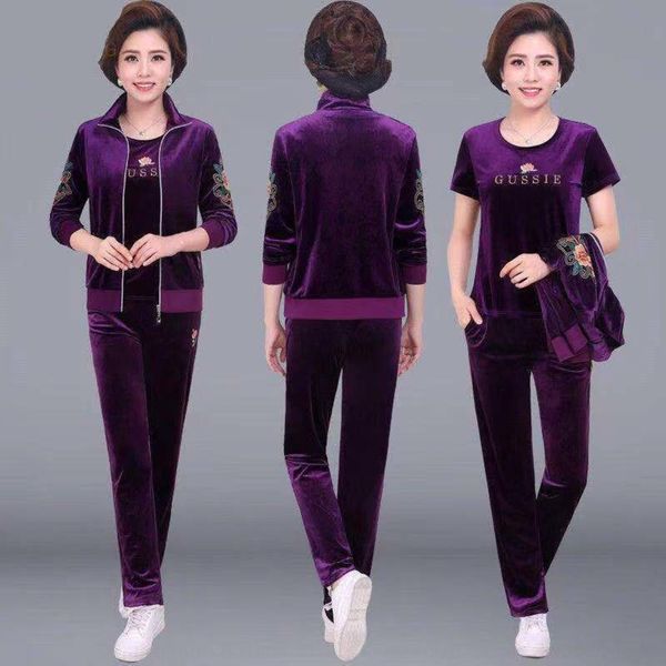 

hoepx casual velvet suit women's embroidered large sportss clothing middle-aged and autumn new spring size gold casual wear for mom put, Gray
