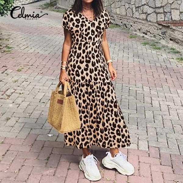 

celmia women leopard print fishtail dress summer v neck maxi sundress fashion party short sleeve dresses stitching vestidos1, White;black