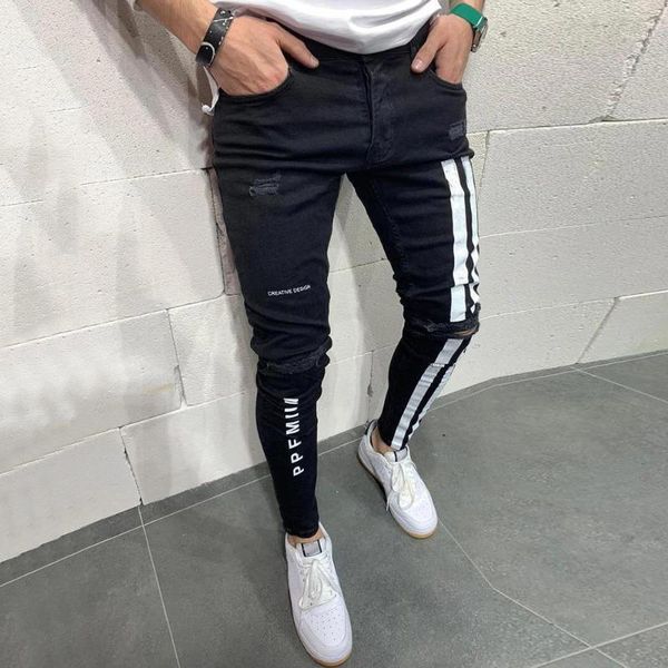 

men slim long pant zipper sport fit casual hole pencil pants ripped trousers stripe letter skinny denim jeans fashion outdoor1, Blue