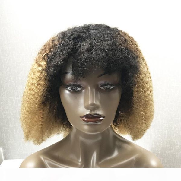 

grand nature brazilian afro kinky curly human hair wig 250% density omber 1b 4 27 wig with thick fringe remy machinemade, Black;brown