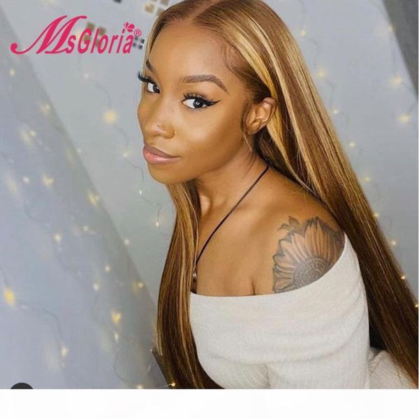 

highlight ombre color part lace front human hair wigs straight brazilian remy hair wigs for women pre plucked with baby, Black;brown