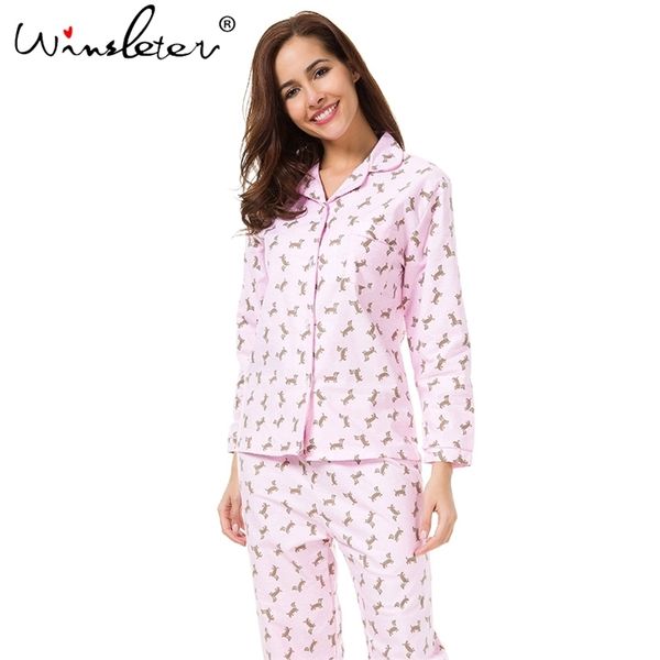 Rosa Pyjama-Sets Frauen Niedlicher Dackel-Druck 2-teiliges Set Langarm-Oberteil Elastische Taille Hosen Gebürstete Baumwollpyjamas S7N002 201113