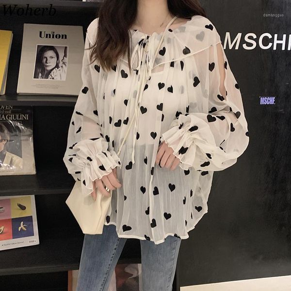 

woherb korean chic chiffon blouse women elegant heart print see through blusas ladies office sweet loose shirts 2020 blusas1, White