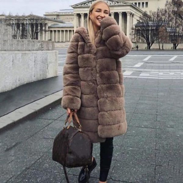 

women's fur & faux 2021 women winter artificial jacket coat outwear with hooded long sleeve fake faux1, Black