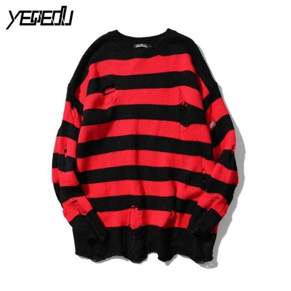 

#1502 2019 spring autumn sweaters red black striped hip hop sweater men with holes fashion oversized high street loose knitted, White;black
