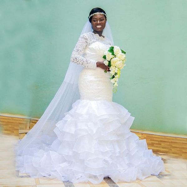 

plus size mermaid wedding dresses with long sleeves 2021 lace organza ruffles boat neckline saudi arabia bridal dress women muslim, White