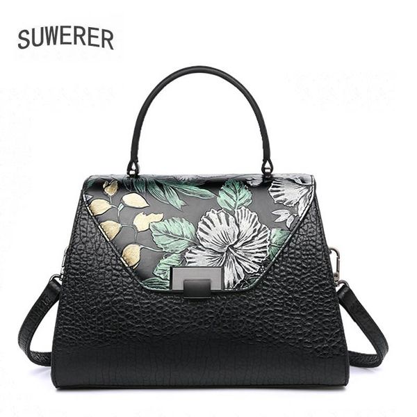 

suwerer 2020 new women genuine leather bags for women luxury handbags bags designer embossing flowers art tote