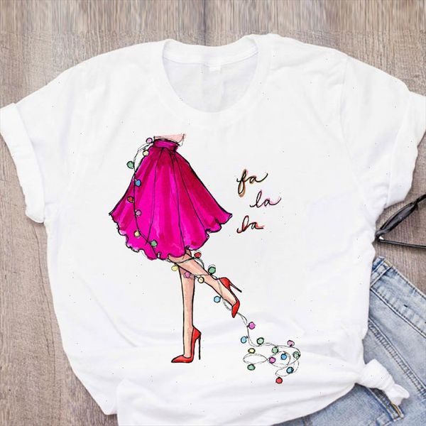 

women graphic lights new year cartoon short sleeve clothes merry christmas print lady tees clothing female t shirt t shirt, White