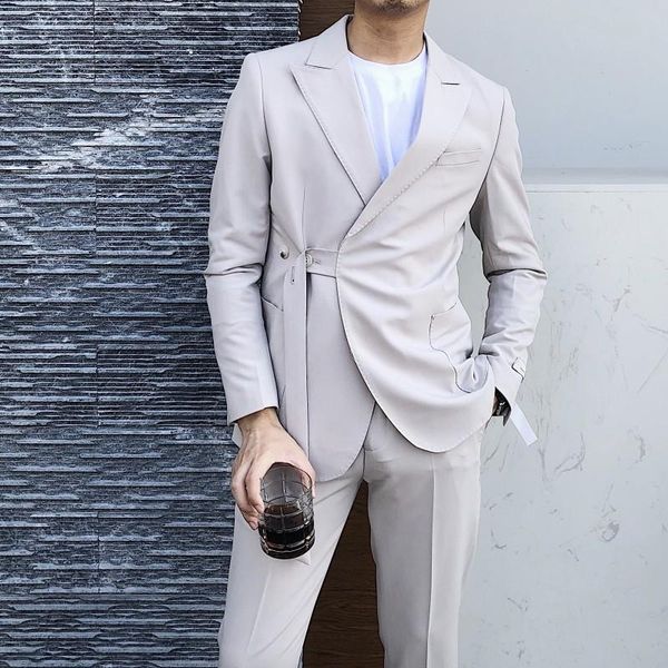 

blazer 2-piece suit for men tuxedo suit asymmetry button belt blazer men jacket stylish stage party club, White;black