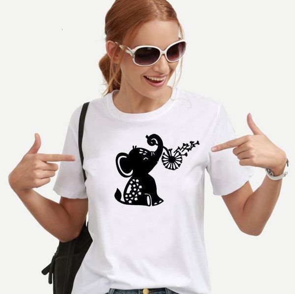 

elephant dandelion print t shirt women short sleeve o neck loose tshirt 2021 summer women tee shirt mujer, White