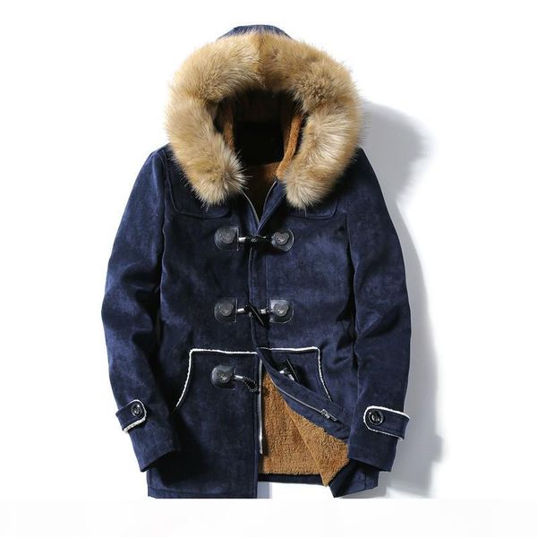 

suede parka mens fur parka with hoodie horn buckle couples lover winter jacket men and women homme navy grey khaki, Black