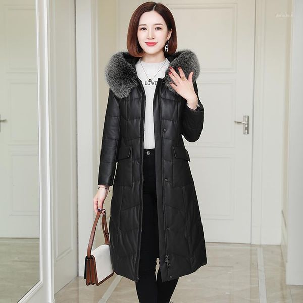

long 2020 genuine jacket winter sheepskin coat fur collar hooded luxury leather jackets women kj46521, Black