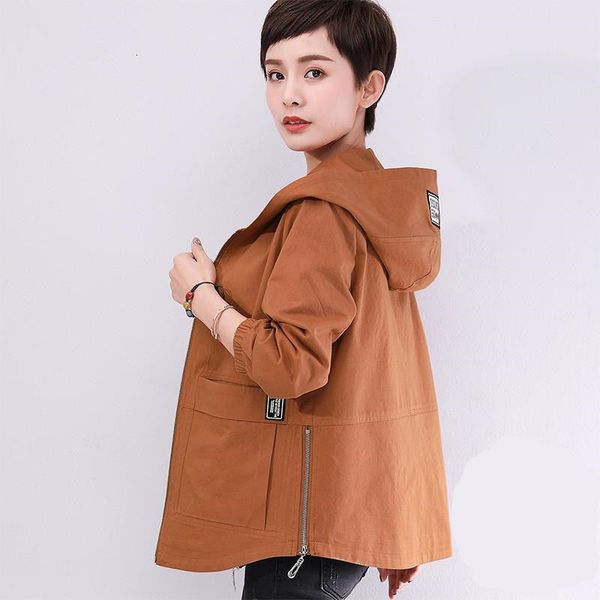 

2020 autumn and winter new women's loose hooded short coat mom's clothing plus size cotton windbreaker pocket zipper, Tan;black