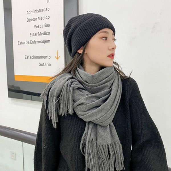 

scarves 2021 thick imitation cashmere scarf small black label winter monochrome solid color female ladies shawl, Blue;gray