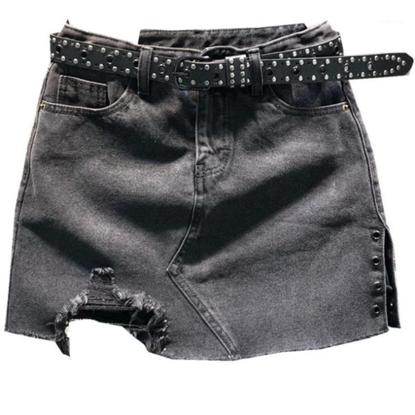 

2020 spring denim skirt women fashion anti-light hihg waist hole split mini skirt a-line1, Black