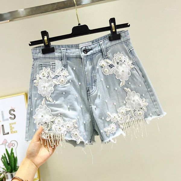 

women's jeans light blue jean shorts women summer fashion heavy industry beaded lace high waist denim burr loose wide leg pants1