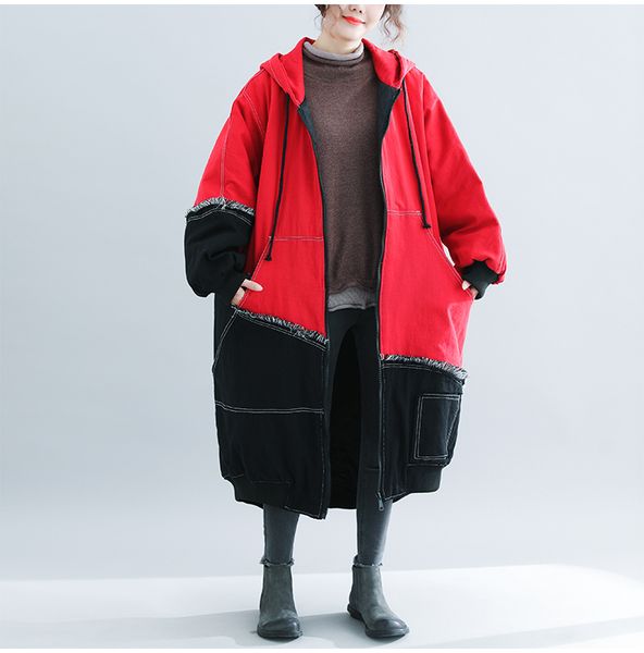 

hooded large extra dress jacket overcoat cats fashion jas denim winter hit colors patchwork women parka coated f1496 lqfce, Black