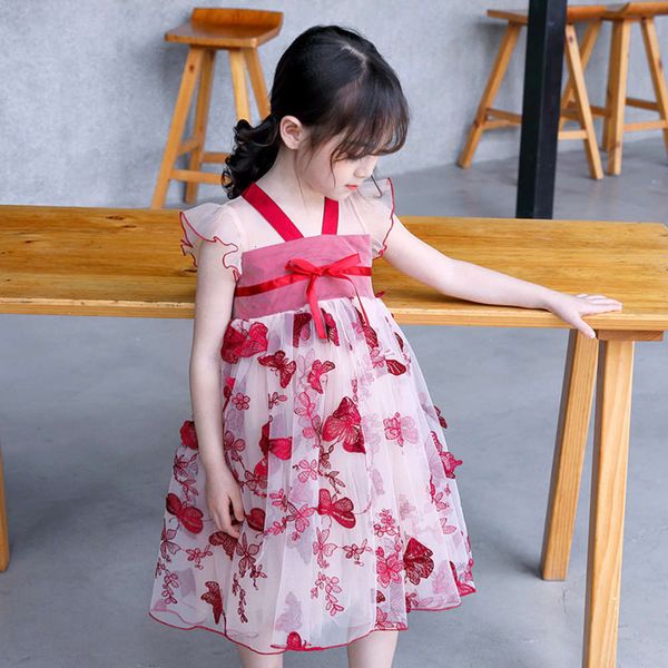

children's drs chine summer 2020 sle new embroidery hanfu gauze princs skirt mkax, Red;yellow