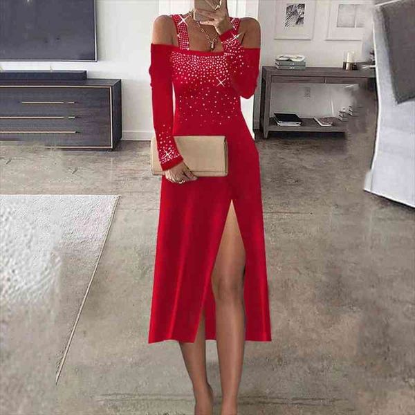 

elegant shiny diamond party dress women autumn one shoulder halter high slit long dresses lady solid bodycon dress, Black;gray