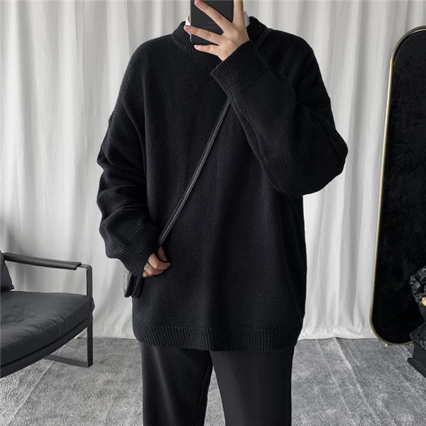 

sweater men's shirt brand new winter neck sweater trend base round loose solid tide autumn color and coat all-match base qarub, Black