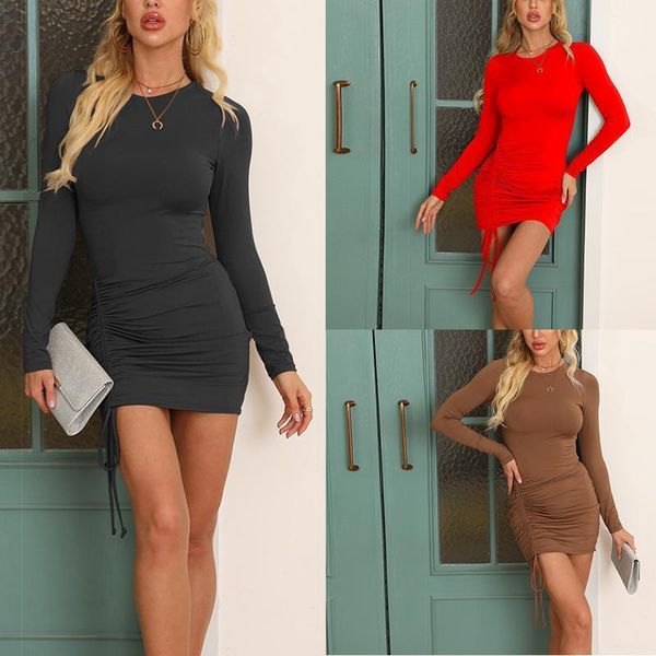

2021 fashion round neck solid color drawing long sleeve mini dress bodycon dress women long sleeve winter dropshipping1, Black;gray