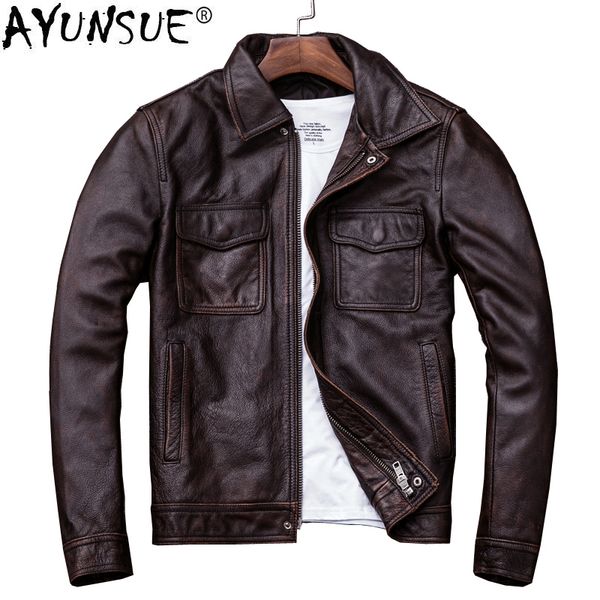

ayunsue genuine cow leather jacket men plus size cowhide leather coat short bomber jacket veste cuir homme vintage kj1913 x1025, Black