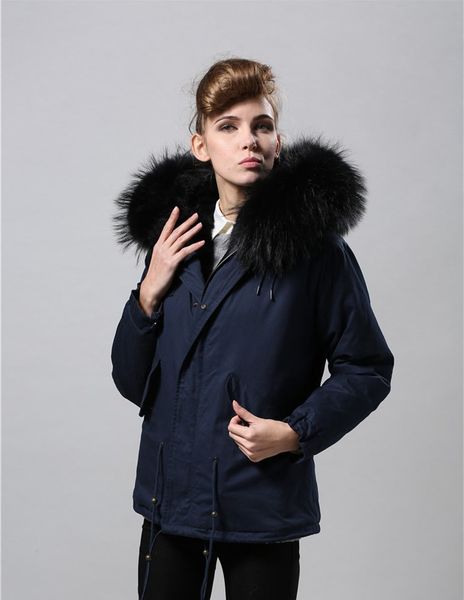 

meifeng brand black raccoon fur trim short jackets for sale women wam coats black rabbit fur lining navy blue mini parkas