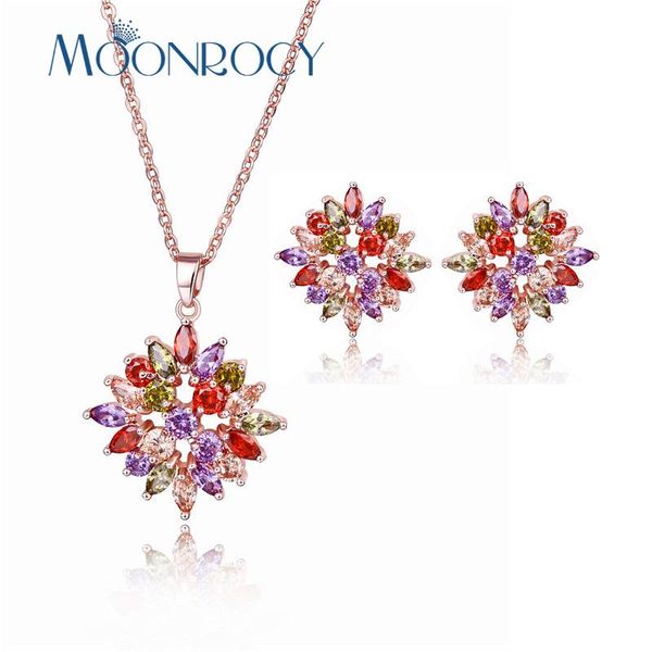 

moonrocy rose gold color cubic zirconia bohemia colorful crystal necklace and earrings jewelry set for women gift drop shipping, Silver