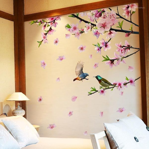 

[shijuehezi] tree branch flower birds wall stickers diy peach blossom wall decals for house living room bedroom decoration1