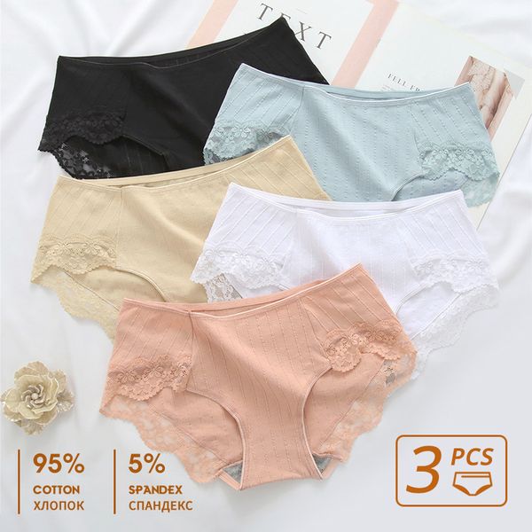 

3pcs women's underpants soft cotton panties girls solid color lace lingerie female woman intimate briefs, Black;pink