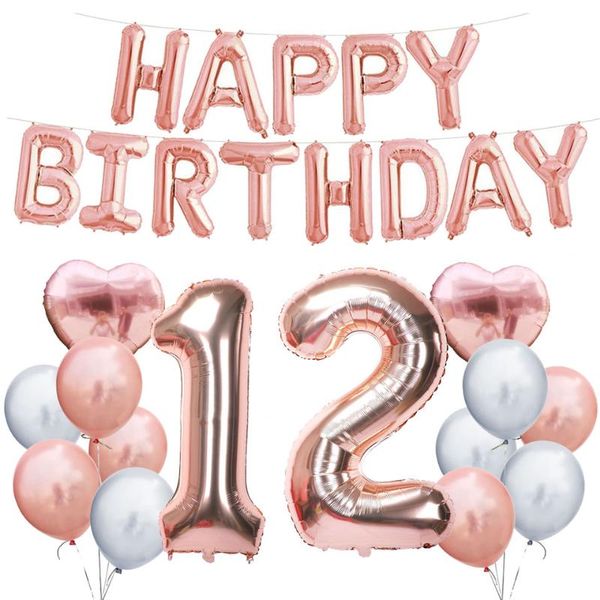

amawill rose gold happy birthday party decor 12th birthday balloons sweet twelve years old anniversary party decorations 65d