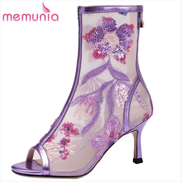 

memunia 2020 new arrival ankle boots women peep toe embroider summer thin high heels boots zip fashion party shoes ladies, Black