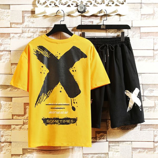 

new 2021 tracksuits men's sport suit running sets clothes sports joggers training gym fitness man set t shirt + short pants 6pje, Black