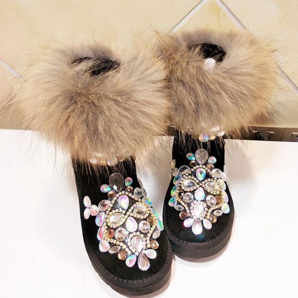 

women australian rhinestone jewel beads sequins snow boots patent pearl beads glossy leather waterproof snow boots, Black
