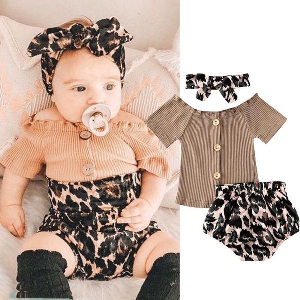 

baby girl solid fashion newborn kid baby girl summer clothes knitted t-shirt leopard shorts outfits 0-18 months, White