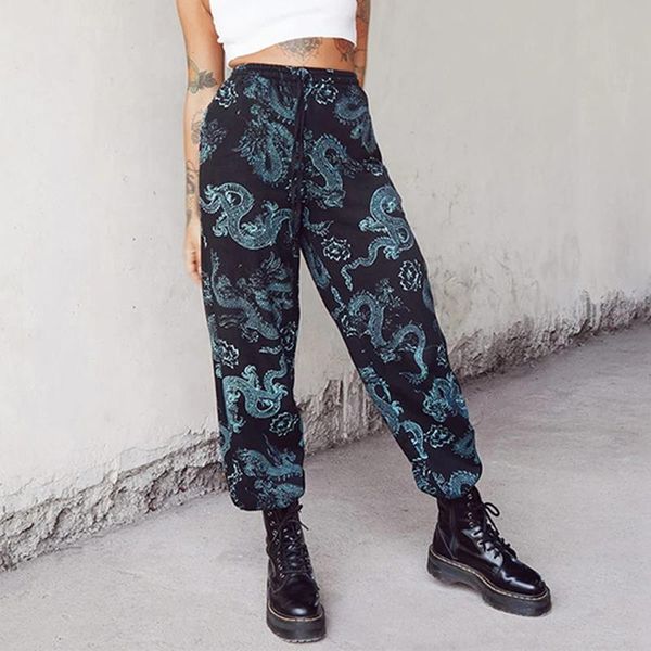 

yoga outfits harajuku fashion dragon print sport pants jogging joggers sweatpants women high waist baggy casual harem trousers streetwear, White;red