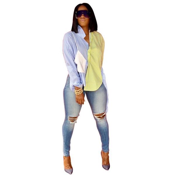 

color patchwork blouse shirts women 2020 turn-down collar long sleeve elegant stripe shirt korean fashion casual blue shirt, White